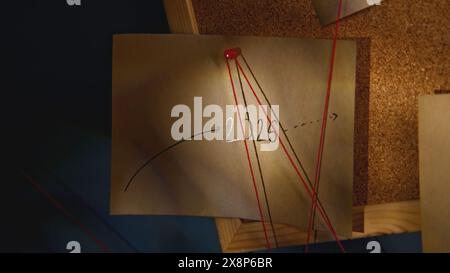 Nachtbüro mit Notizen. Archivmaterial. Licht der Laterne beleuchtet Beschriftungen auf Aufklebern mit Bändern im Nachtbüro. Mysteriöse Aufkleber mit Stockfoto
