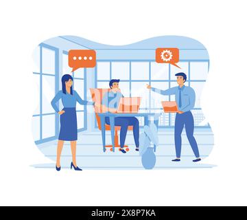 Teamdiskussion. Geschäftsleute im Büro sprechen miteinander und diskutieren Arbeitsprojekte. Moderne Illustration des flachen Vektors Stock Vektor