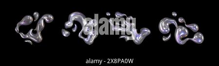 3D Metall Chrom Flüssigkeit y2k Form Objekt Vektor. Isoliertes Hologramm Quecksilberfluidblob-Element. Futuristisch-ästhetisch gewellter und glänzender Tropfen. Kreative holographische irisierende Dekorationskollektion Stock Vektor