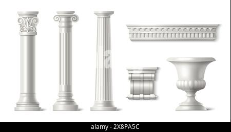 Antike römische Säule, Steinsäule und Vase. Realistische 3D-Vektor-Illustration Satz von weißen antiken griechischen Marmor Tempel Bauelemente. Griechischer Barockpalast, Skulpturen Eingang oder Innenobjekte. Stock Vektor