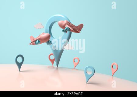 Flugreisen, Flugziel, Streckenplan und Transport. Flugzeuge, die über die Kartensymbole fliegen. 3D-Rendering. Stockfoto