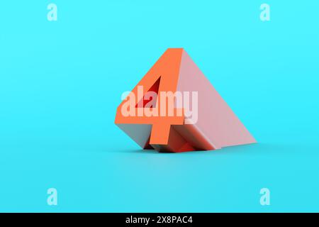 Orangefarbene Nummer vier auf blauem Hintergrund. 3D-gerenderte Zahlen für Banner, Logo-Design und Vorlagen. Stockfoto