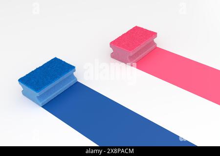 Scheuerschwämme mit blauen und rosa Pads, die auf weißem Hintergrund konkurrieren. 3D-Rendering. Stockfoto