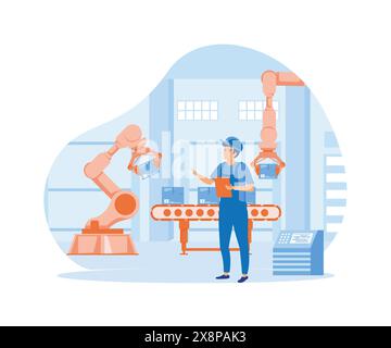 Die Industriefabrik arbeitet Roboterarm. Intelligente industrielle Revolution. Moderne Illustration des flachen Vektors Stock Vektor