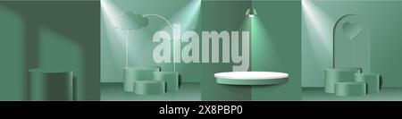 Set aus 3D-Podesten in grüner Farbe mit Licht für ästhetische Präsentation. Moderne, minimalistische Plattform. Stock Vektor
