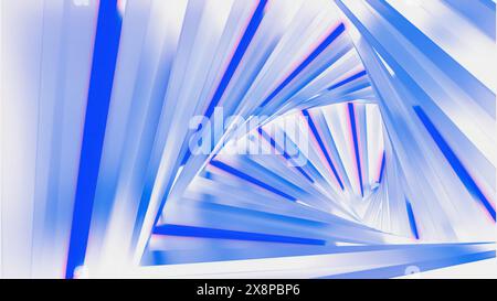 Neon-Dreieckstunnel, der sich in die Ferne bewegt. Design. Geometrischer Neon-Hintergrund, abstrakter 3D-Hintergrund mit biegsamem Dreieckskorridor. Stockfoto