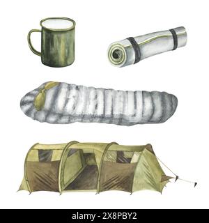 Wohnmobilzelt, Schlafsack, . Aquarell Camp Objekte setzen Abenteuer Outdoor Touristen Camping Symbole . Isoliert auf weißem Hintergrund. Aktive Fahrt Stockfoto