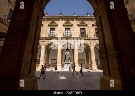 Blick auf einen Innenhof des Rektorats der Universität von Sevilla, ehemalige Königliche Tabakfabrik von Sevilla aus dem 19. Jahrhundert Stockfoto