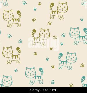 Nahtloses Muster mit niedlichem Kätzchen-Print. Verschiedene skandalösen Katzen auf farbigem Hintergrund. Skandinavische Illustration für Kinder. Vektorgrafik für Stock Vektor