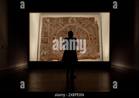 Die Person steht vor dem beleuchteten Wandteppich der Schöpfung im Museum der Kathedrale st. maria. Bewundern Sie die komplexen mittelalterlichen Kunstwerke. Stockfoto