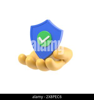 Cartoon Gesture Icon Mockup.3D Hand hält Sicherheitsschild und Vorhängeschloss. Schutz personenbezogener Daten. Konzept für sicheren Zugriff. Erfolgreiche Verifizierung.3D r Stockfoto