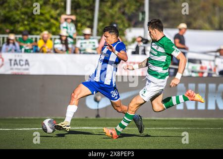 Oeiras, Portugal. Mai 2024. Francisco Evanilson de Lima Barbosa, bekannt als Evanilson vom FC Porto (L) mit Sebastian Coates von Sporting CP (R) im portugiesischen Cup-Finale zwischen dem FC Porto und Sporting CP im Estadio Nacional do Jamor. (Endresultat: FC Porto 2 - 1 Sporting CP) Credit: SOPA Images Limited/Alamy Live News Stockfoto