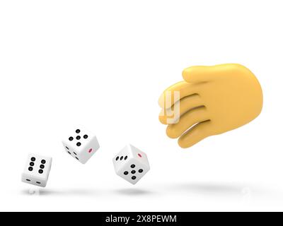 Der Mann wirft Würfel. Vorlage für Glücksspiele. Würfelwürfel werfen. Rote Würfel auf dem Tisch. Mann eifriger Mensch. Spielerkonzept. Wiedergabe in Hand.3D-Rendering auf weiß Stockfoto