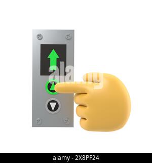 Geschäftsmann drückt den Lift-Knopf. Flache 3D-Illustration. Rufen Sie den Fahrstuhl an. Pfeil nach oben. Steigen Sie in die oberste Etage. Finger auf die Schaltfläche.3D-Rendering ein Stockfoto
