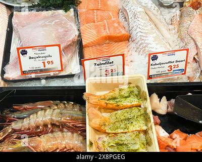 IJmuiden, Niederlande. Mai 2024. Frischer Fisch und Meeresfrüchte auf dem Fischmarkt in IJmuiden. Hochwertige Fotos Stockfoto