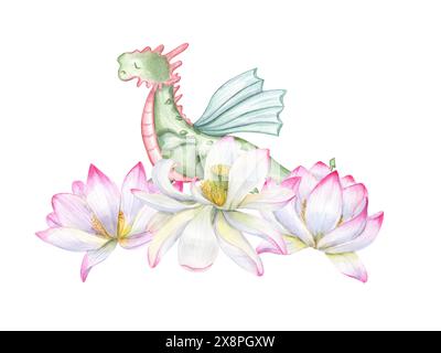 Grüner Drache, der in Dreieckspose zwischen blühenden Seerosen steht. Yoga-Übungen bei Tieren. Blumenzusammensetzung. Drei feine Lotusblüten Stockfoto