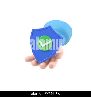 Cartoon Gesture Icon Mockup.3D Hand hält Sicherheitsschild und Vorhängeschloss. Schutz personenbezogener Daten. Konzept für sicheren Zugriff. Erfolgreiche Verifizierung.3D r Stockfoto