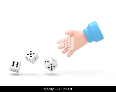 Der Mann wirft Würfel. Vorlage für Glücksspiele. Würfelwürfel werfen. Rote Würfel auf dem Tisch. Mann eifriger Mensch. Spielerkonzept. Wiedergabe in Hand.3D-Rendering auf weiß Stockfoto