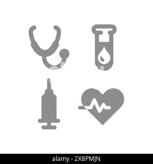 Medizin und Medizin Gesundheitswesen Vektor-Symbolsatz. Symbole für Spritze, Stethoskop und Herzschlag. Stock Vektor