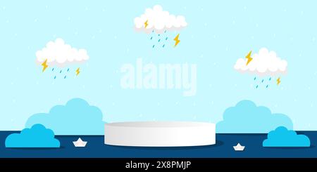Monsun Verkaufspodium mit weißen flauschigen Wolken für Produkte Präsentation mit Wolken und Regentropfen. Vektorabbildung Stock Vektor