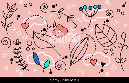 Einfache Blumenkonturen auf rosafarbenem Hintergrund Stock Vektor