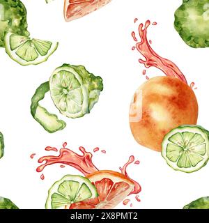Zitrusfrüchte reife Früchte mit saftigem Spritzer auf Aquarellmuster isoliert auf weiß. Handgezeichnete helle Sommerpflanzen Bergamotte und Grapefruit in Stockfoto