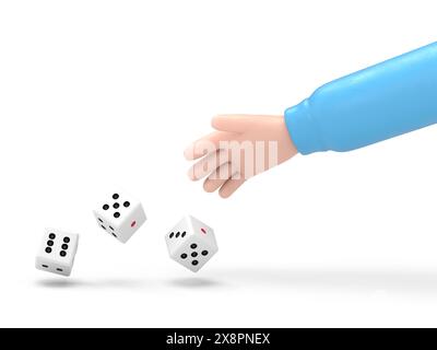 Der Mann wirft Würfel. Vorlage für Glücksspiele. Würfelwürfel werfen. Rote Würfel auf dem Tisch. Mann eifriger Mensch. Spielerkonzept. Wiedergabe in Hand.3D-Rendering auf weiß Stockfoto