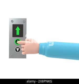 Geschäftsmann drückt den Lift-Knopf. Flache 3D-Illustration. Rufen Sie den Fahrstuhl an. Pfeil nach oben. Steigen Sie in die oberste Etage. Finger auf die Schaltfläche.3D-Rendering ein Stockfoto