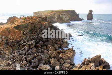 Küstenklippen und Surfwellen auf der östlichen Seite der Insel Papoa, Vorgebirge in der Nähe von Peniche, Portugal Stockfoto