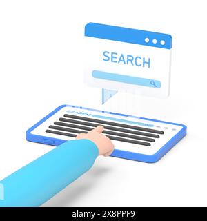 Mockup Des Symbols Für Zeichentrickgesten. Flache 3D-Isometrie Geschäftsmann Hand Verwenden Sie Tablet, um Suchbegriffe in der Suchmaschine zu suchen. Keyword Research und seo Concept.3D r Stockfoto
