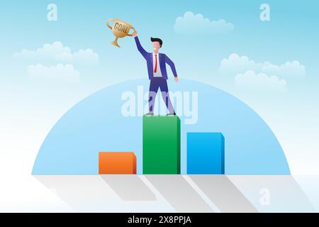 Der Mensch hebt die Trophäe auf dem Podium mit Blick auf den bewölkten blauen Himmel Stock Vektor