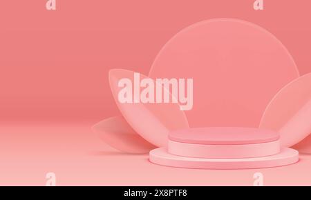 Elegantes pinkfarbenes 3D-Podium mit Blättern, die für die Präsentation von kosmetischen Produkten realistische Vektor-Illustration dargestellt werden. Feminine trendige Pastell Showroom Zylinder p Stock Vektor