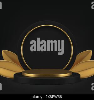 Schwarzes Luxus 3D Zylinder Podium Mock oben für Mode Produkt Show Präsentation realistische Vektor Illustration. Dunkelgoldener Zylindersockel mit Blättern Stock Vektor