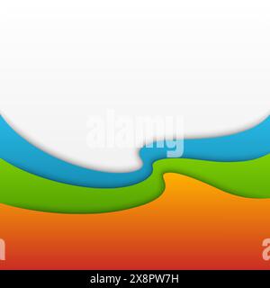 Ein lebendiges Bildmaterial mit fließenden Kurven und Ebenen mit Farbverläufen, das von Orange zu Blau über weiß und Grün übergeht Stock Vektor