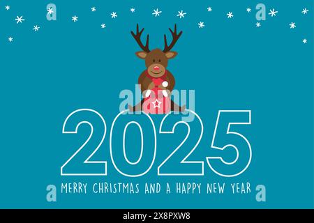 Nettes Hirsch sitzt auf 2025 Typografie weihnachtsgruß Karte Vektor Illustration Stock Vektor