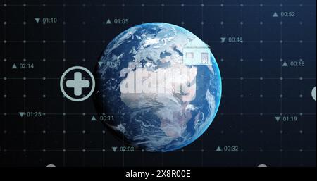 Bild mehrerer digitaler Symbole über das Grid-Netzwerk gegen sich drehende Globus im Weltraum Stockfoto