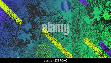 Bild von schwarzem Farbspritzer über geometrischen Formen vor blauem Hintergrund Stockfoto