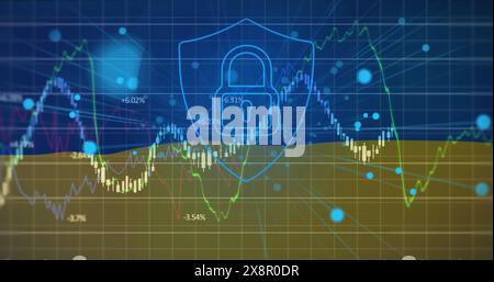 Abbildung von Diagrammen mit wechselnden Zahlen, Vorhängeschloss in Schild über ukrainischer Flagge Stockfoto