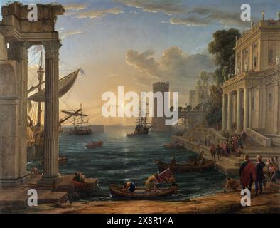 Frankreich: "Die Einschiffung der Königin von Saba". Ölgemälde auf Leinwand von Claude Lorrain (1604/1605-1682), 1648. Das Gemälde zeigt den Abgang der Königin von Saba bei einem Besuch des Königs Salomo in Jerusalem, wie im zehnten Kapitel des ersten Königsbuches beschrieben. Die Königin trägt eine pinkfarbene Tunika, einen königsblauen Mantel und eine goldene Krone und ist dabei, an Bord eines wartenden Starts zu gehen, um sie zu ihrem Schiff zu bringen. Stockfoto