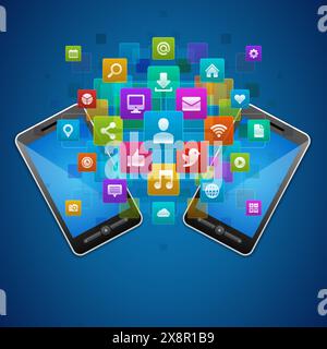 Zwei Smartphones auf abstraktem Hintergrund, die verschiedene schwebende Symbole für Apps und Funktionen ausgeben. Stock Vektor