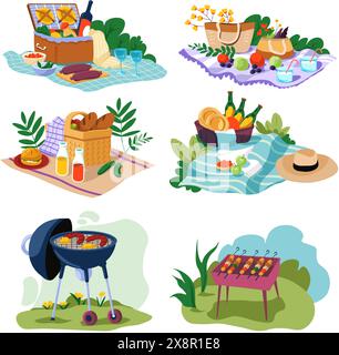 Sammlung von Picknick- und Grillszenen Stock Vektor