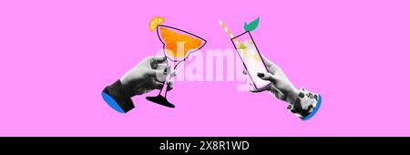 Applaus. Hände, die Gläser mit Cocktails vor rosafarbenem Hintergrund anstoßen. Banner. Kreatives farbenfrohes Design. Stockfoto