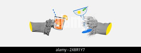Einfarbige weibliche Hände mit bunten Cocktails, klirrende Gläser auf hellem Hintergrund. Banner. Kreatives farbenfrohes Design. Stockfoto