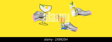 Satz monochromer Hände, die bunte Cocktails vor hellgelbem Hintergrund halten, Banner. Kreatives farbenfrohes Design. Stockfoto