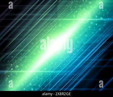 Eine moderne Komposition mit einer dynamischen Anordnung von geometrischen Formen und Linien in verschiedenen Grün- und Blautönen, mit einem leichten Fleck, das einen br Stock Vektor