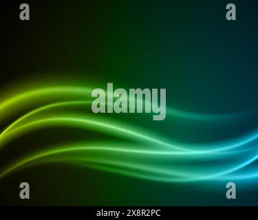 Grüne Lichtwellen fließen horizontal über einen dunklen verlaufenden Hintergrund und erzeugen ein Gefühl von Bewegung und Fließfähigkeit. Stock Vektor