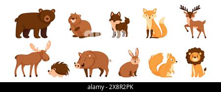 Niedliche Cartoon Forest Animals Kollektion. Bär, Biber, Fuchs, Hirsch, Elch, Stachelschwein, Eber, Kaninchen, Eichhörnchen und Löwen Illustrationen für Stockfotos Stock Vektor