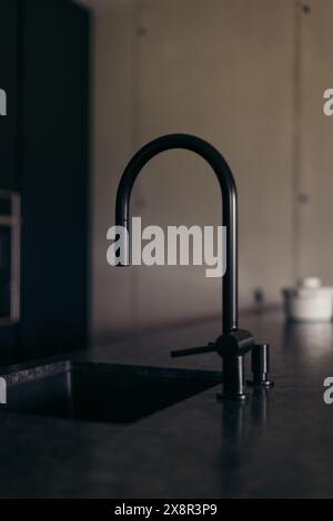 Moderner schwarzer Wasserhahn in minimalistischer Betonküche Stockfoto