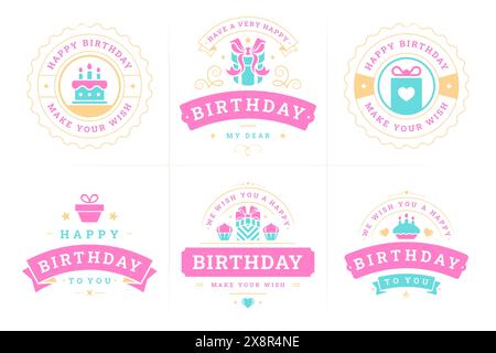 Alles Gute zum Geburtstag rosa Band Vintage-Etikett und Abzeichen Set für Grußkarte Design Vektor flache Illustration. Geburtstag altmodisches Emblem für f Stock Vektor