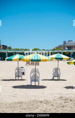 Sonnenschirme und Stühle am Strand mit Blick auf das Meer Stockfoto